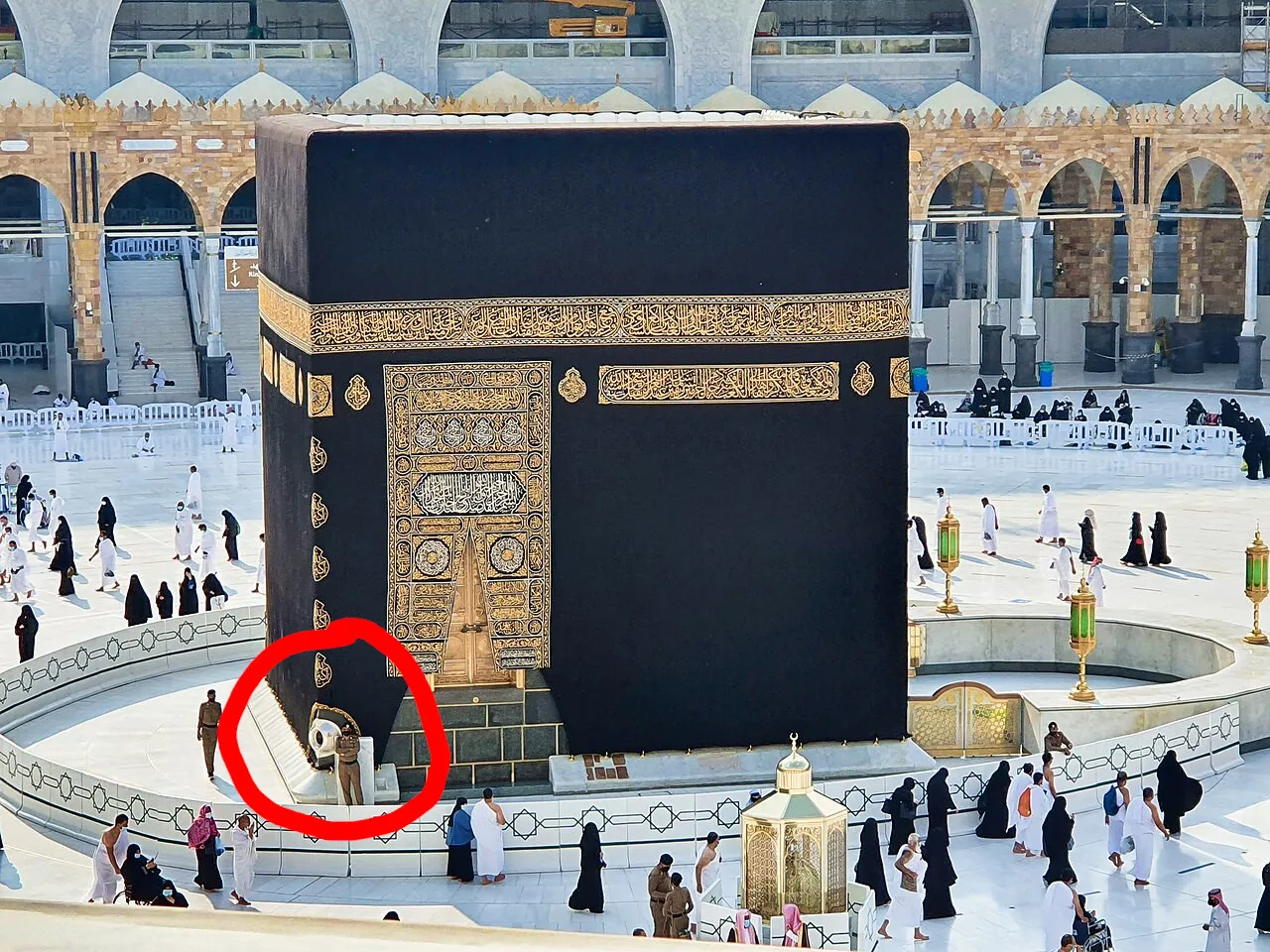 The Kaaba with the Black Stone circled. (Wikipedia) "The Kaaba with the Black Stone circled. (Wikipedia)"