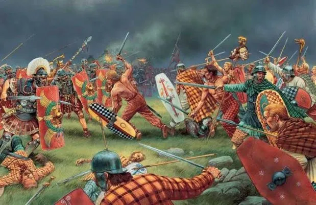 A historically dubious depiction of the Romans fighting the Caledonians. (https://eaglesanddragonspublishing.com/tag/caledonians/) "A historically dubious depiction of the Romans fighting the Caledonians. (https://eaglesanddragonspublishing.com/tag/caledonians/)"