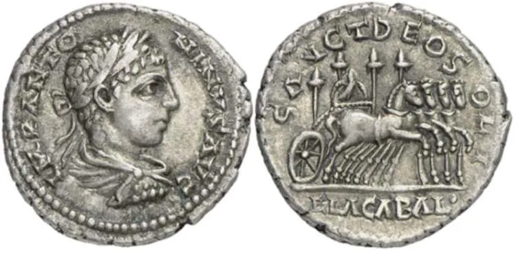 A coin from Heliogabalus' reign, reading 'SANCT DEO SOLI ELAGABAL': 'TO THE HOLY SUN GOD ELAGABAL'