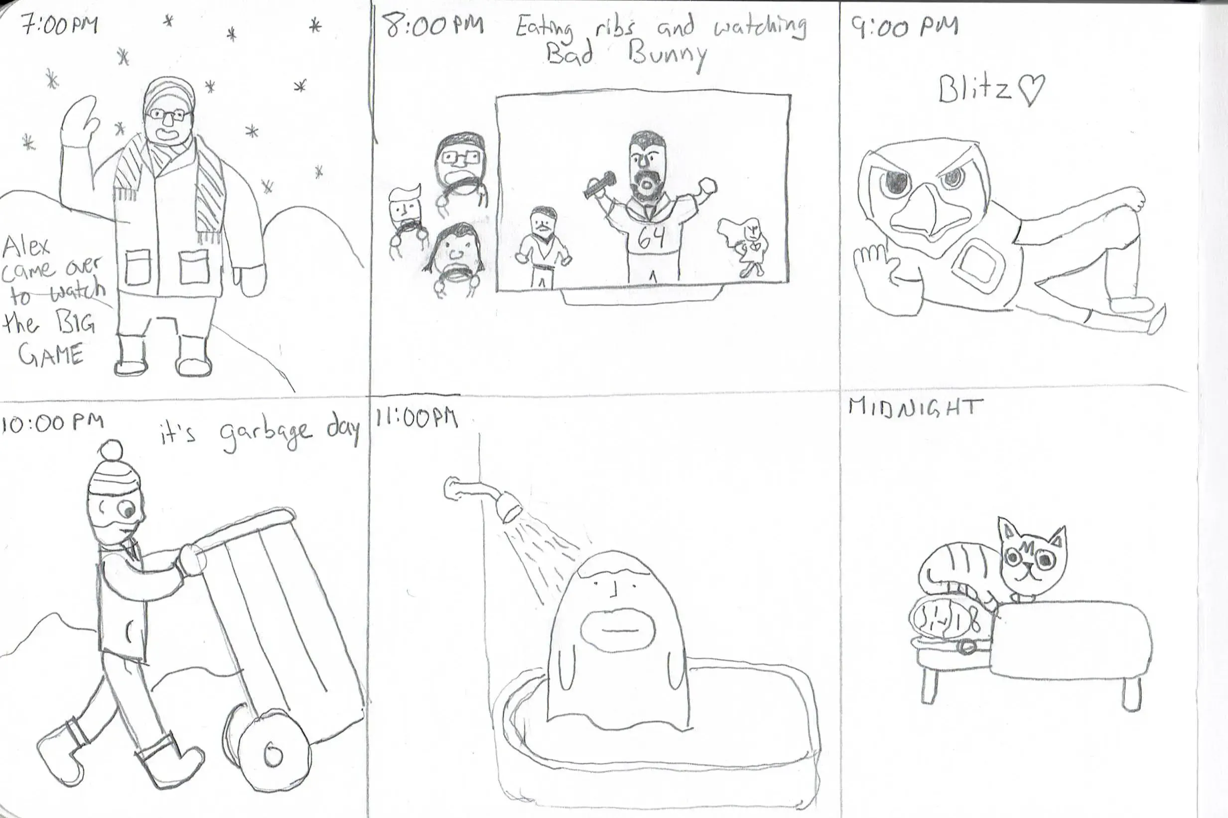 "7PM - Alex came over to watch the super bowl; 8PM - Eating ribs and watching Bad Bunny; 9PM - Blitz > Pat Patriot; 10PM - Took out the garbage; 11PM - Shower time; 12PM - Sleepin'"